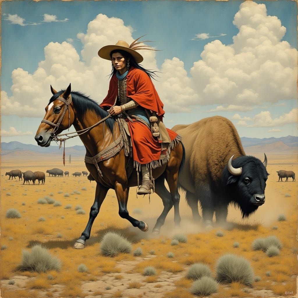 Native American Hunter Pursues Bison on Horseback