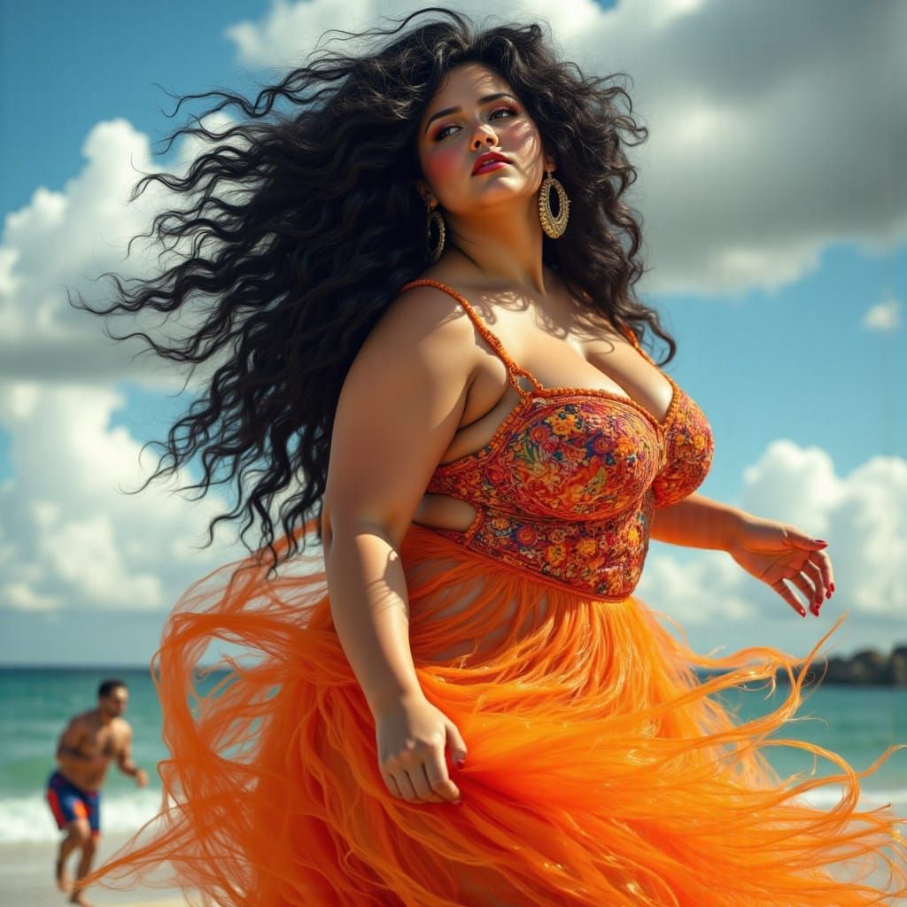 Bold, Plus-Size Woman in Vibrant, Wind-Swept Dress, in a Cyb...
