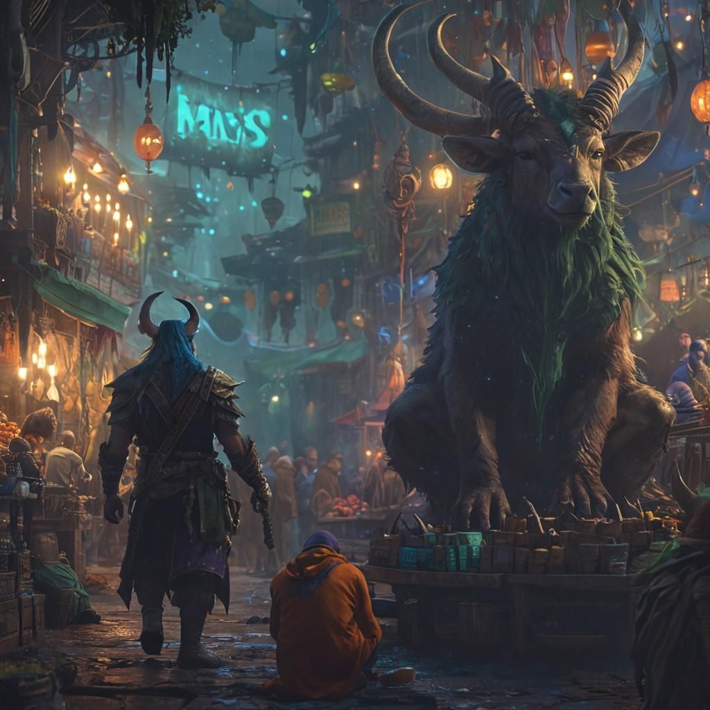 Fantasy Merchants in a Glowing Cyberpunk Village