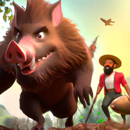 Hunter Pursues Wild Boar: 3D Digital Art