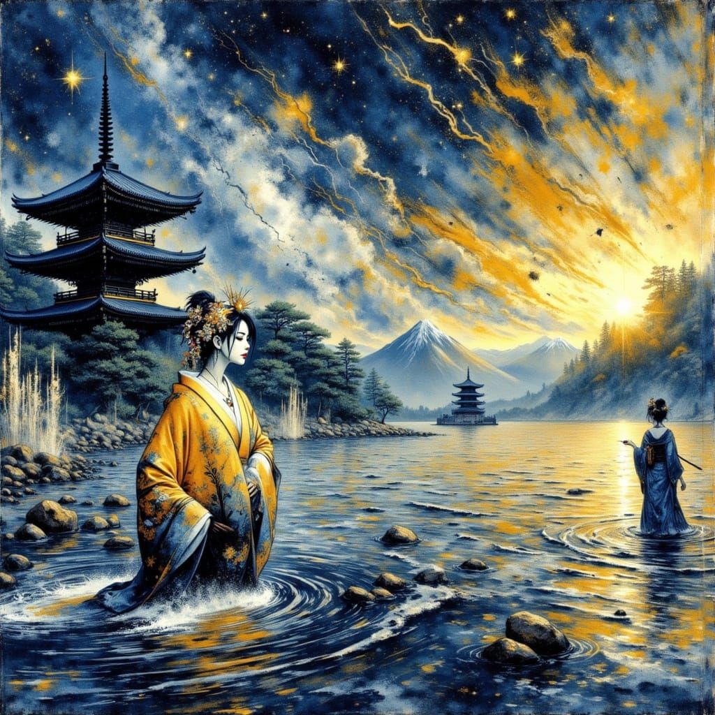 Geisha on Lake Shore in Modern Painting Style