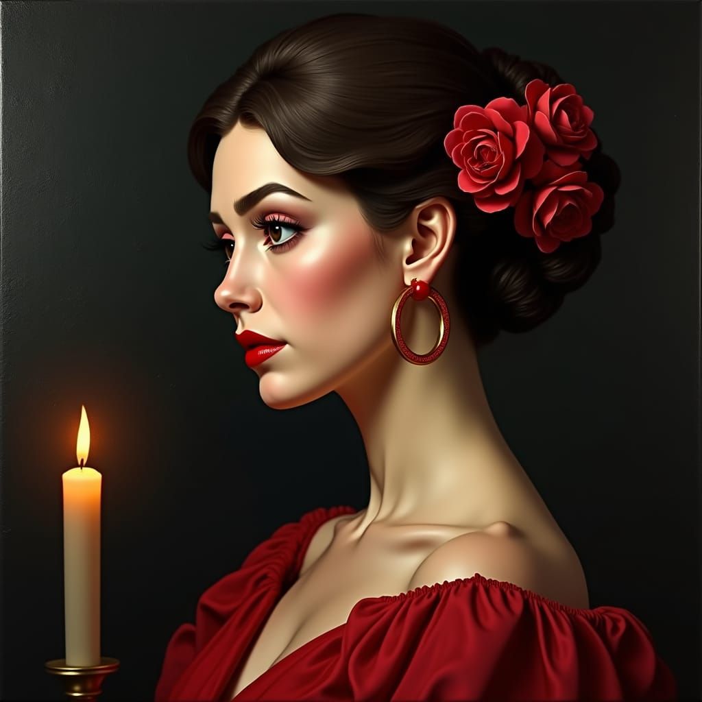 Southern Belle in Oil Painting with Red Roses