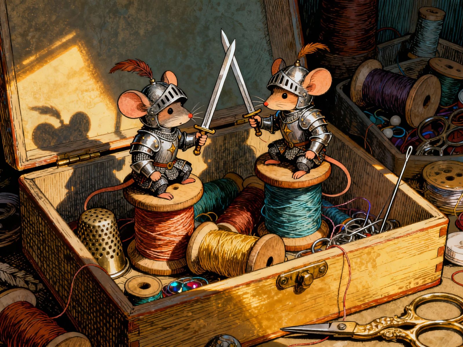 Mouse Children Knights Play in Sewing Box