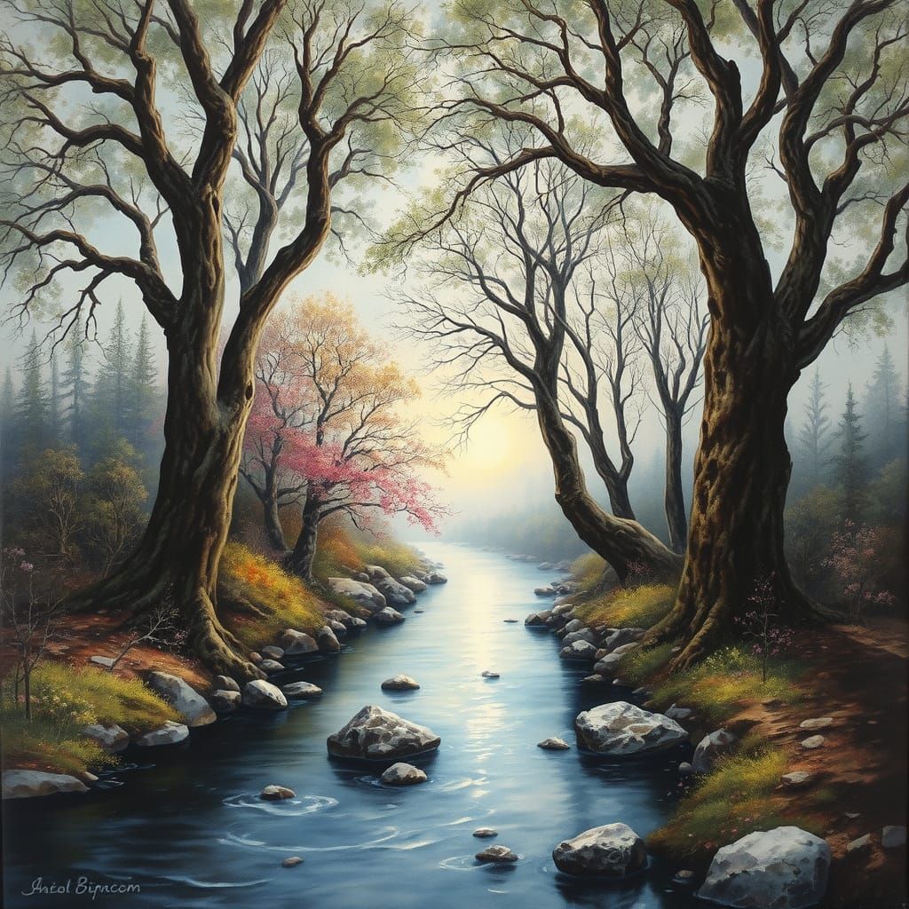 Enchanted River: A Hyperdetailed Gouache and Charcoal Fantas...