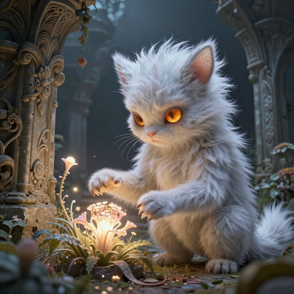 Whimsical Creature Tends Glowing Flora in Ancient Ruins