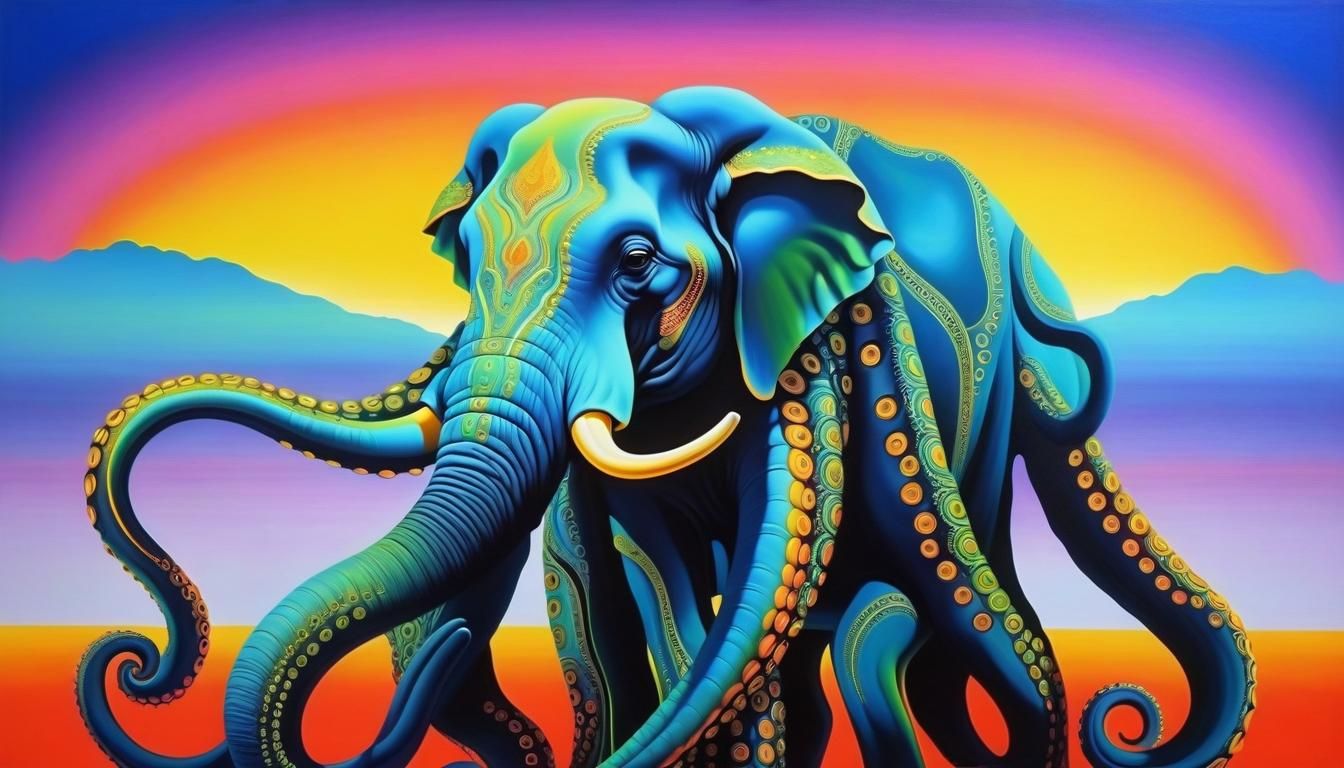 Neon Octopus Elephant Optical Illusion, Surreal Art