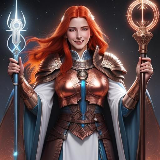 Female Aasimar Cleric Worshipping Ephara in Comic Book Art