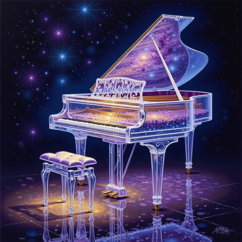 Glowing Glass Piano with Nebula, in Romantic Style