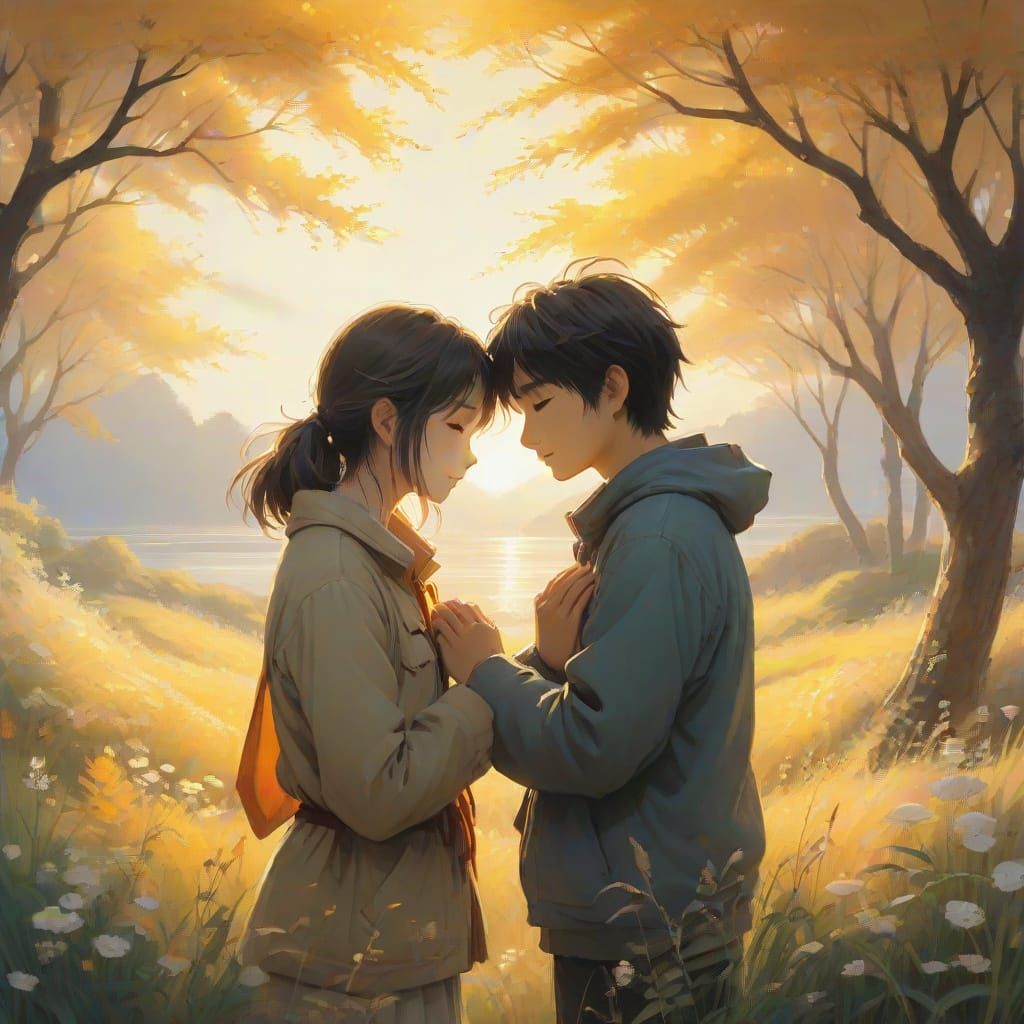 Surreal Friends Embracing in Ethereal Light