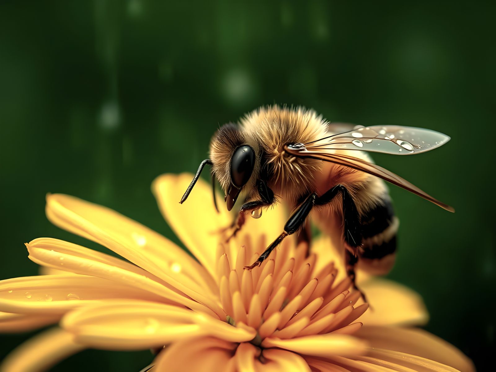 Bumblebee in Rain: Close-Up with Bokeh
