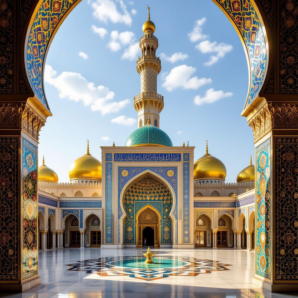 Golden Mosque with Tall Minaret in Arabic Style