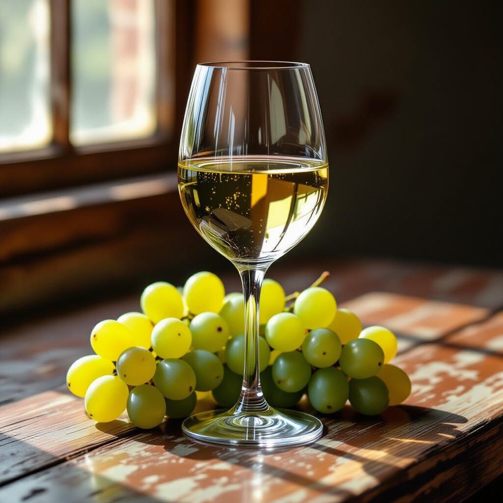 Chilled White Wine and Grapes in Photorealistic Style