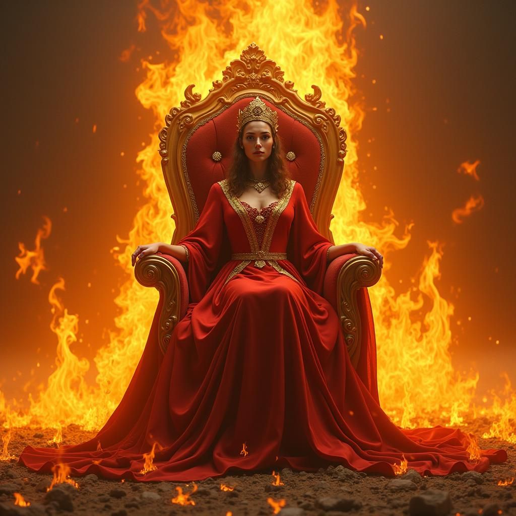 Queen on Fire Throne in Dark Fantasy Style