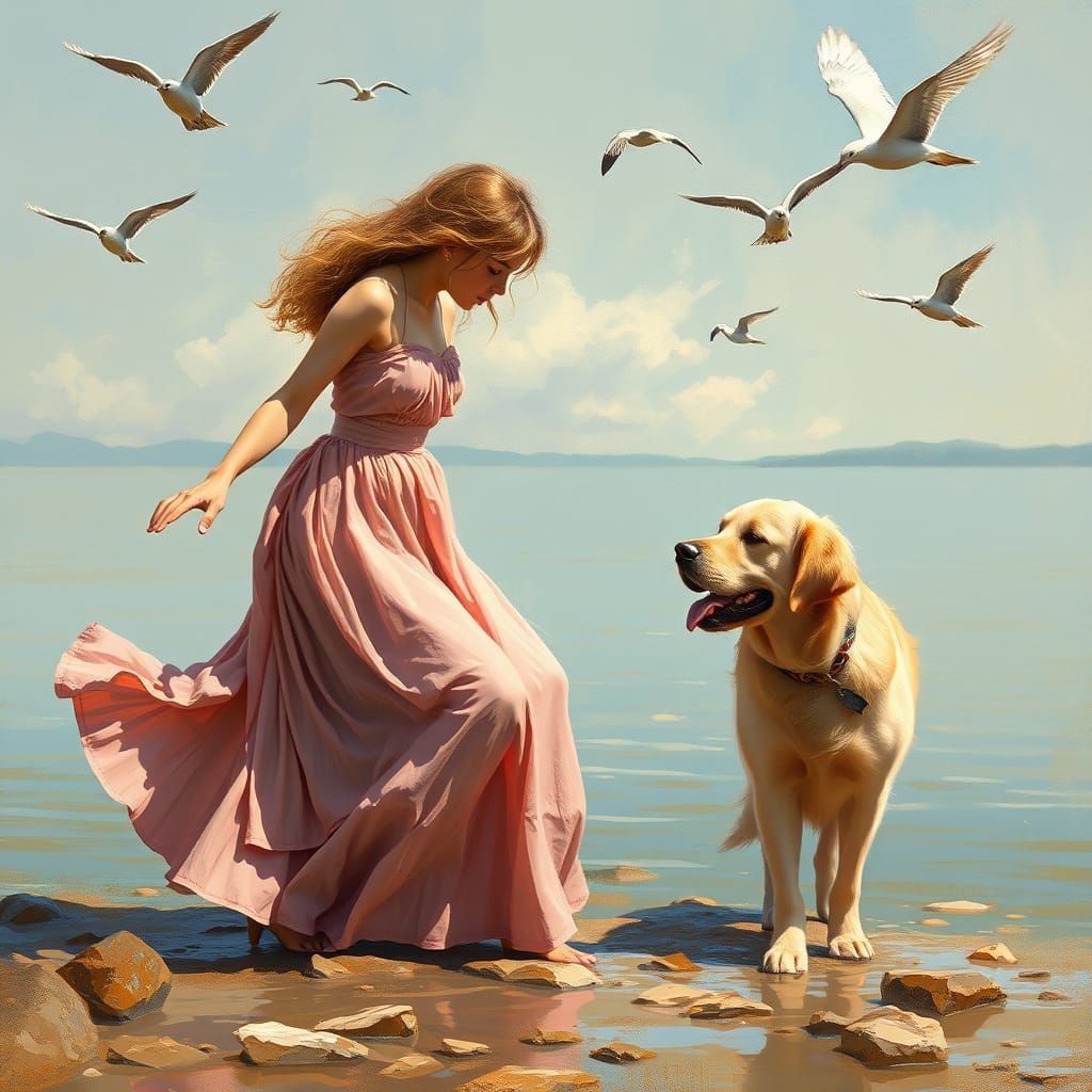 Girl and Puppy at Seaside, Impressionist Painting