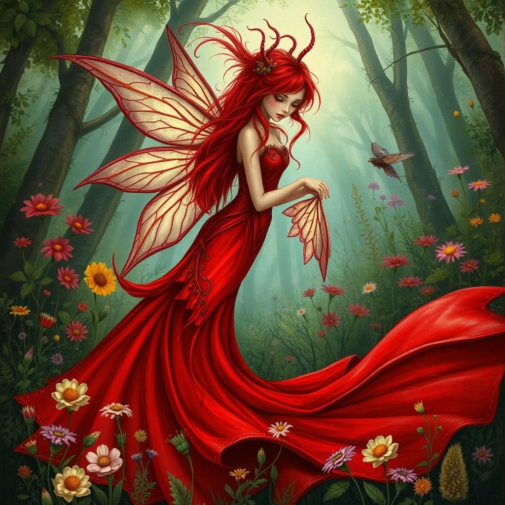 Mystical Red Fairy in Whimsical Forest