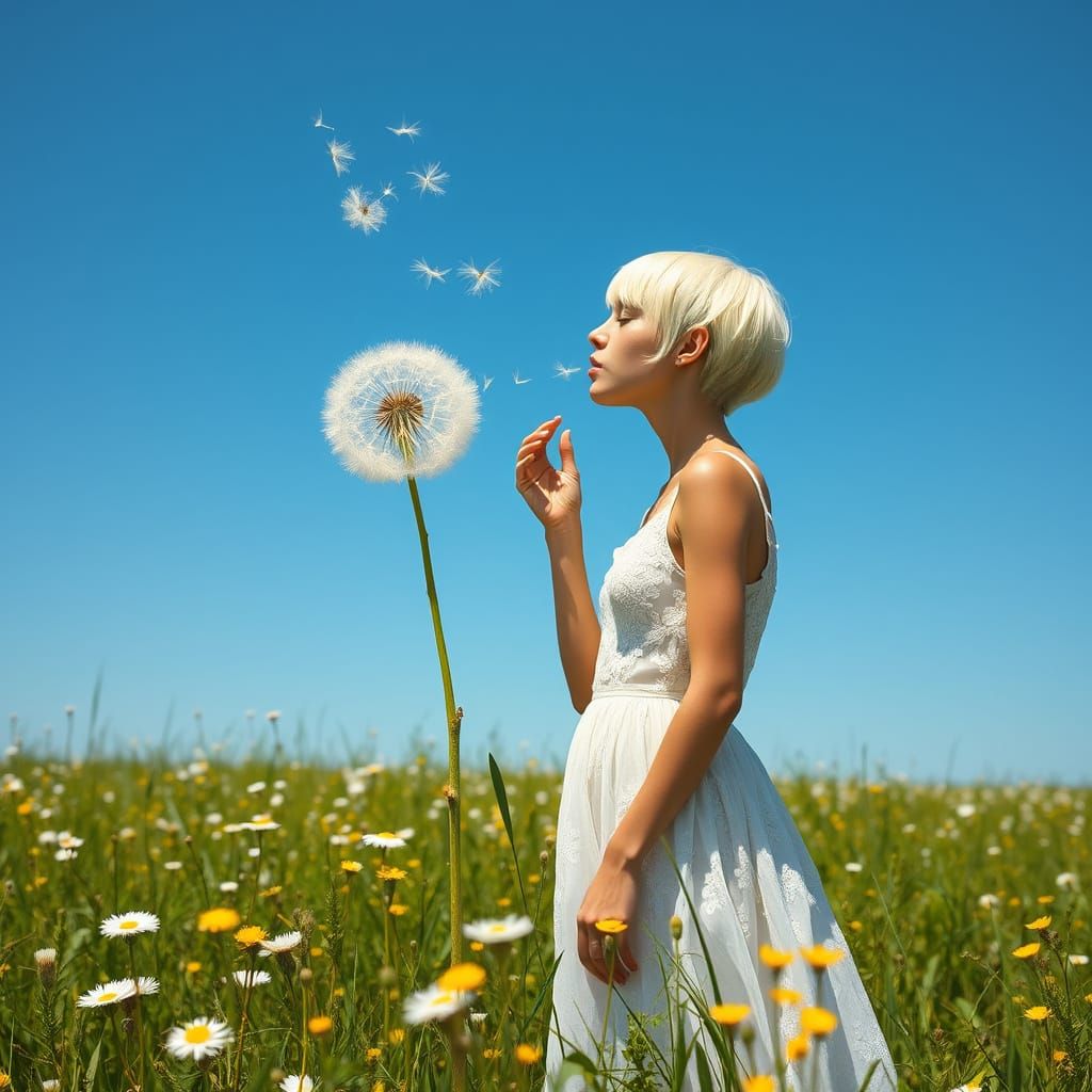 Woman Blows Giant Dandelion in Vivid Meadow