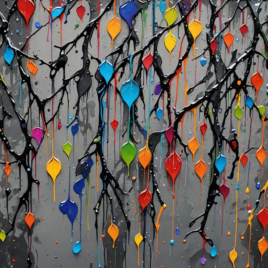 Rainbow Raindrops on Gray Leaves: Vibrant Street Art