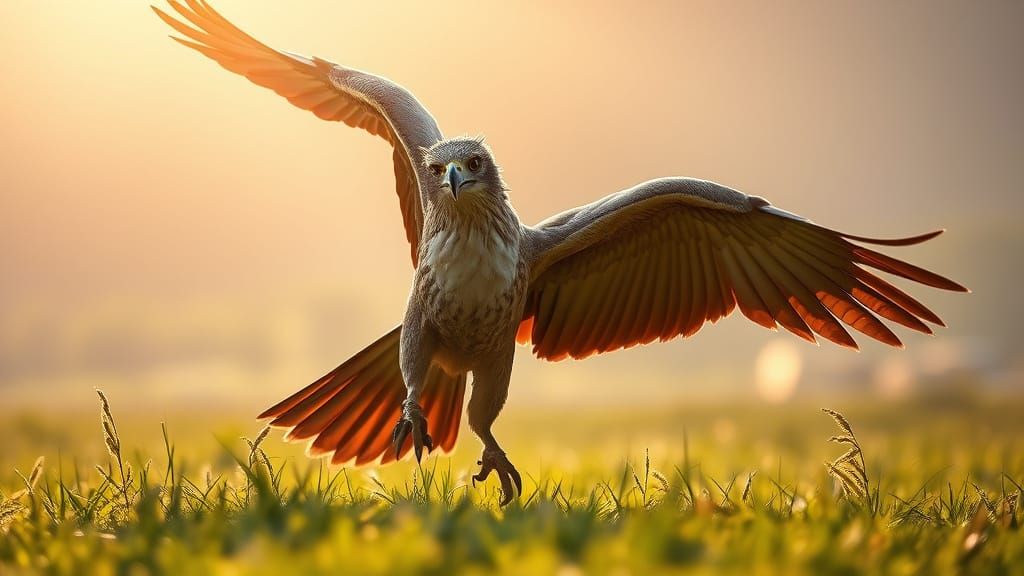 Majestic Griffin Lands in Sunlit Meadow Holding Dewdrop