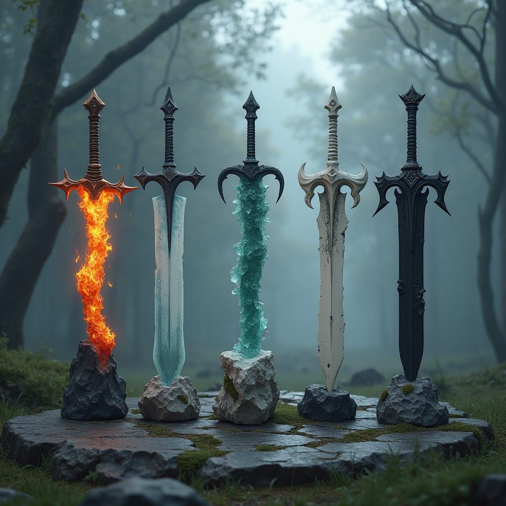 Elemental Swords in a Foggy Twilight Forest