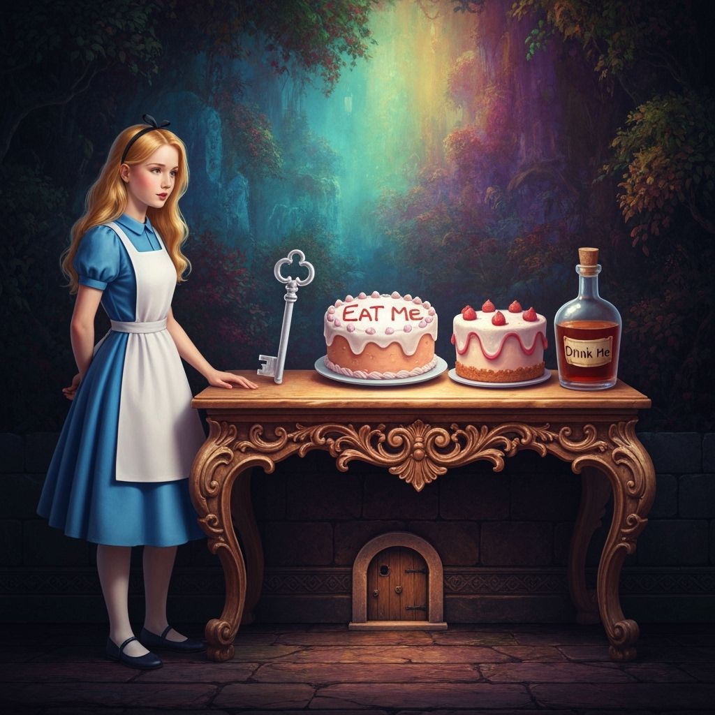 Alice's Dream: Key, Cake, and Door in Dreamlike Scene
