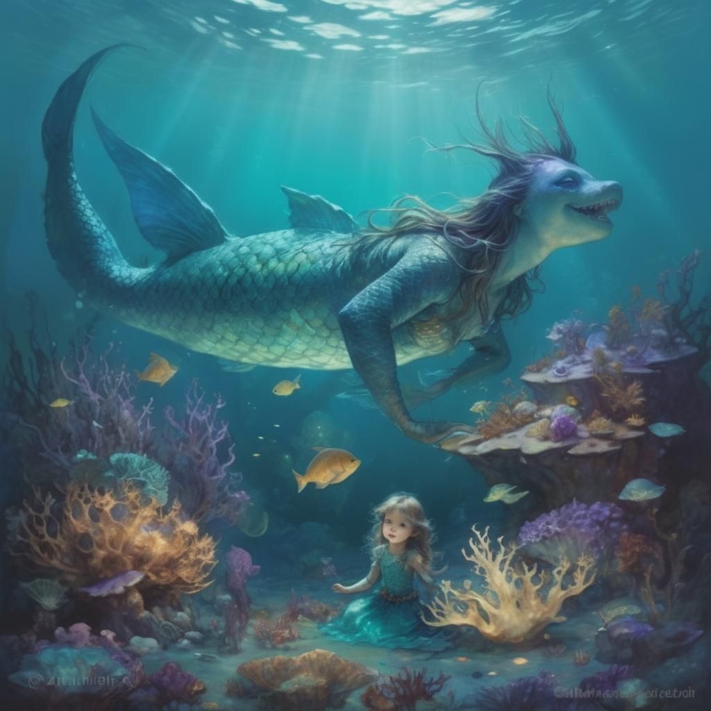 Whimsical Mermaid Child with Sea Monsters, Rackham Style