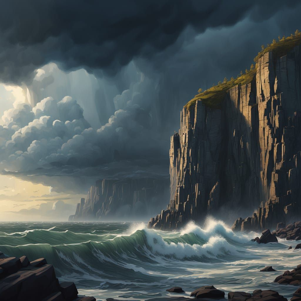 Epic Cliff Overlooking Stormy Sea at Golden Hour
