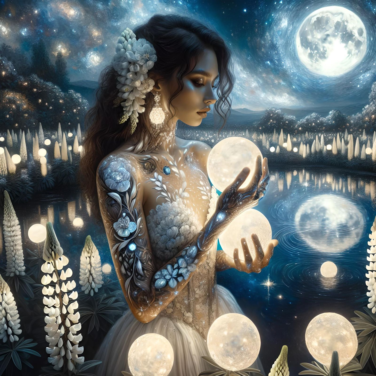 Lunar Goddess Reflecting in Starry Lake