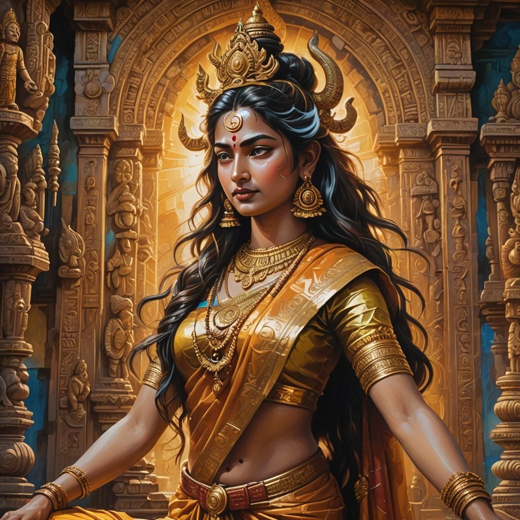 Hindu God Shiva Meditating in Ancient Temple Oil Painting