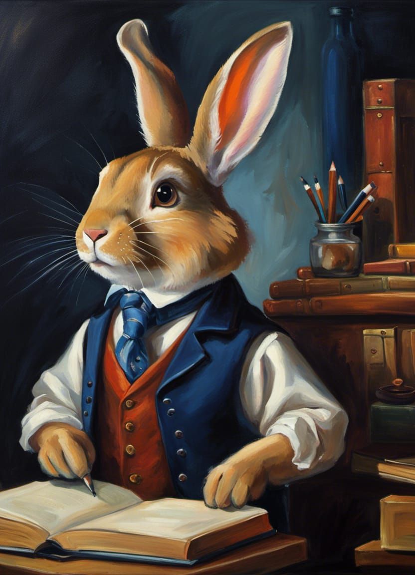 Rabbit Writer in Blue Waistcoat Oil Painting