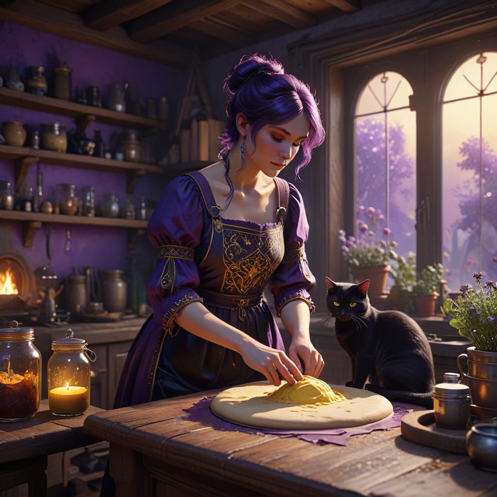 Witch Kneading Dough in Rustic Kitchen