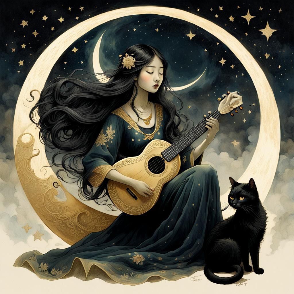 Ethereal Asian Woman on Moon with Cat