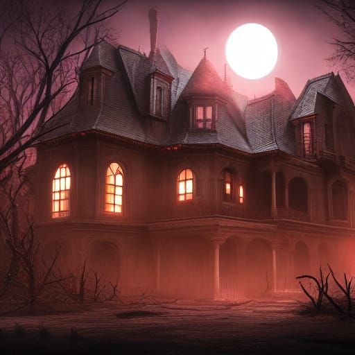 Creepy Mansion in Red Moonlight: Matte Painting