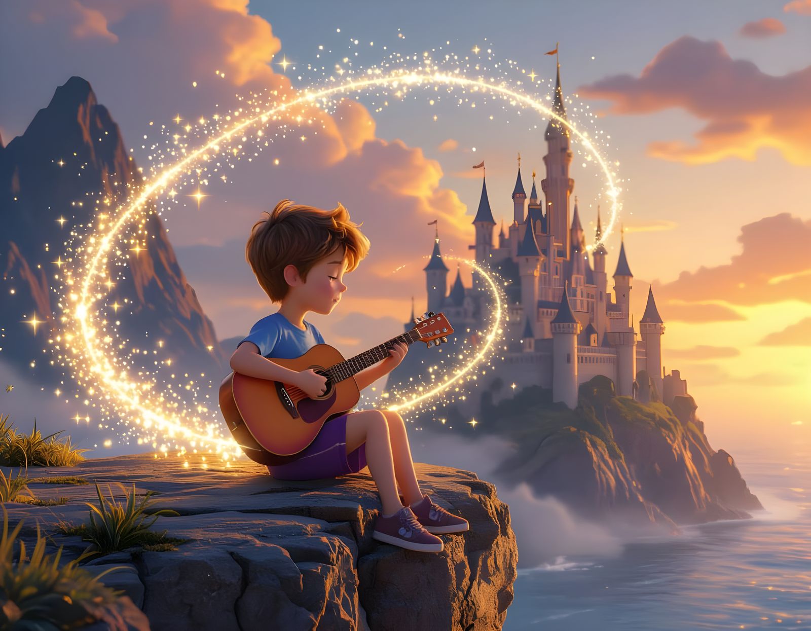 Magical Boy Plays Guitar at Sunset: 3D Digital Art