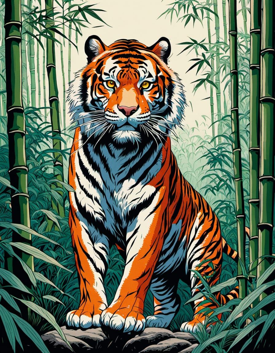 Surreal Tiger Emerges from Bamboo Forest in Traditional Wood...