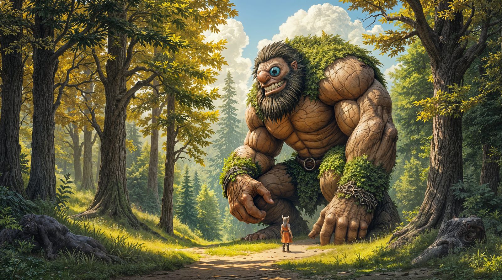 Giant Cyclops Engages in Friendly Conversation with Elf in a...