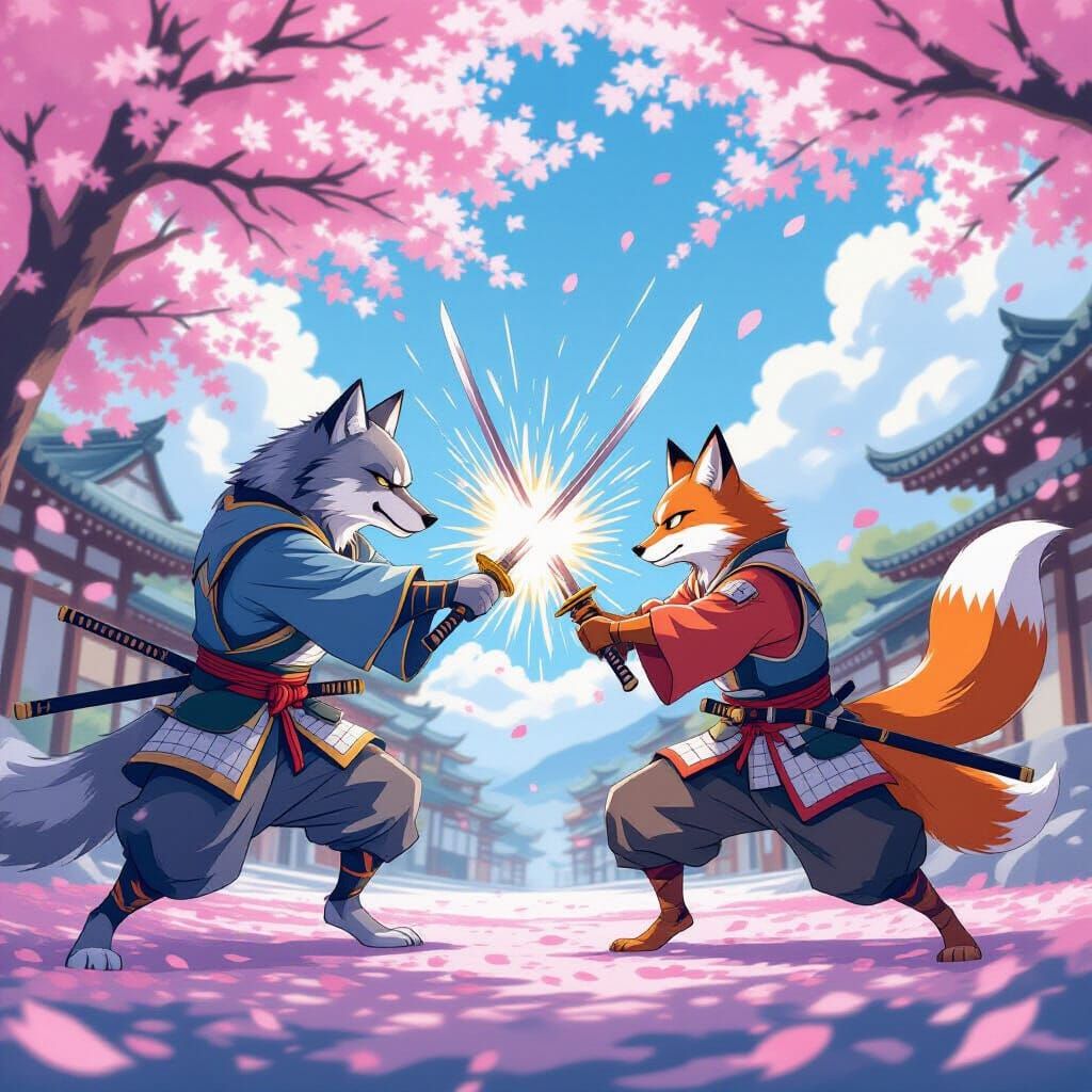Wolf and Fox Samurai Duel Under Cherry Blossoms