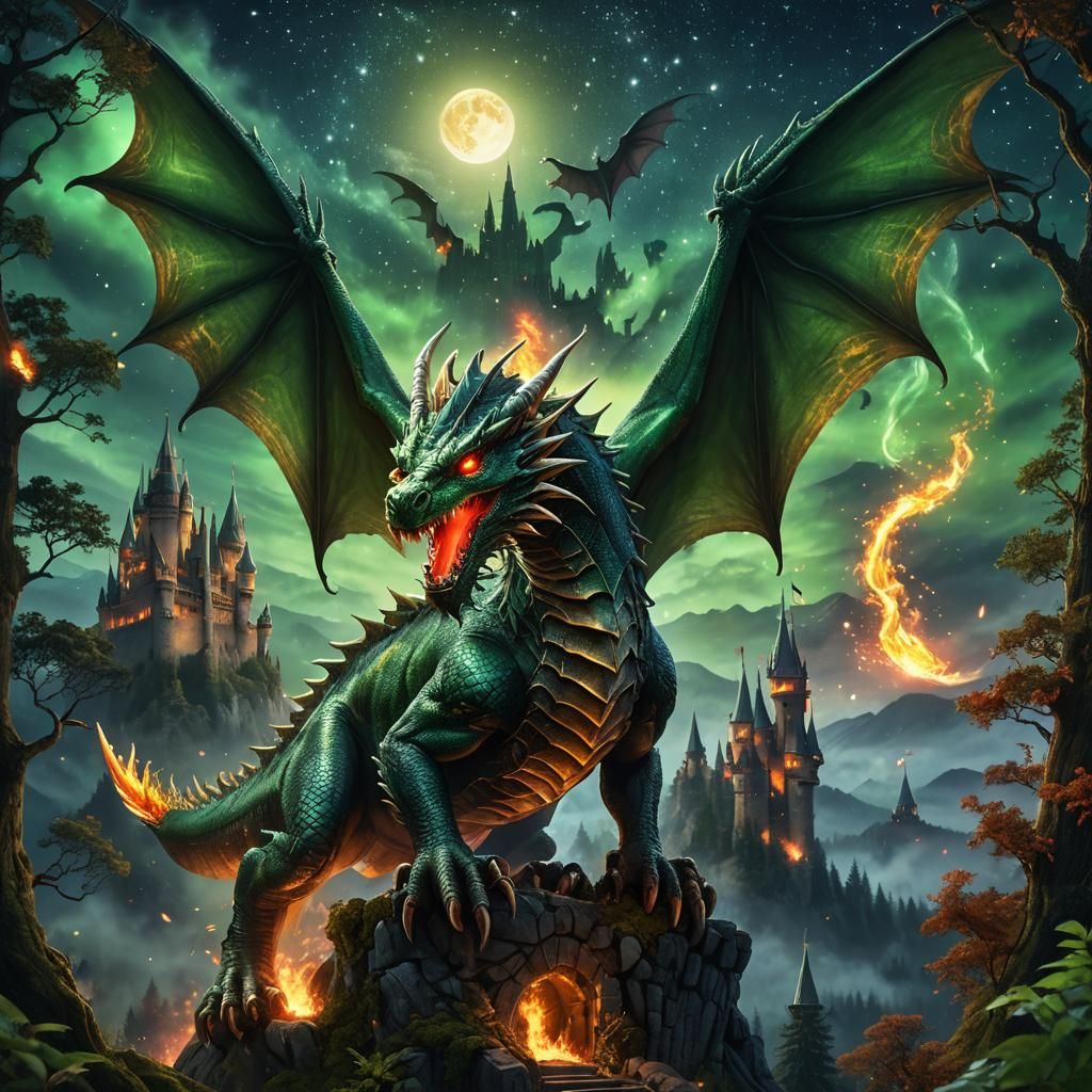 Emerald Dragon Flying Through Starry Night Sky