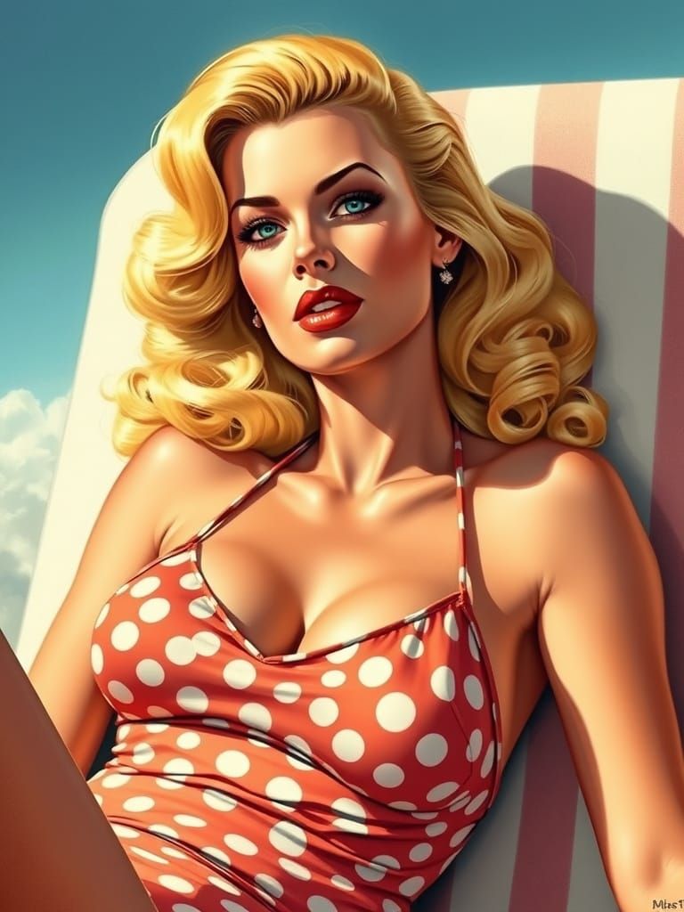 Glamorous 1950s Blonde on Sunbed: Comic Book Art