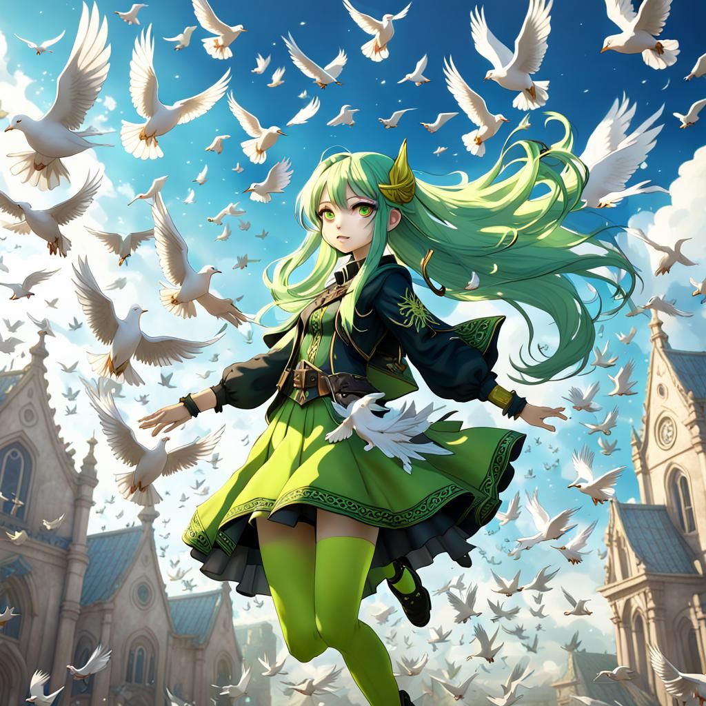 Anime Girl Ascending with Doves: Fantasy Art