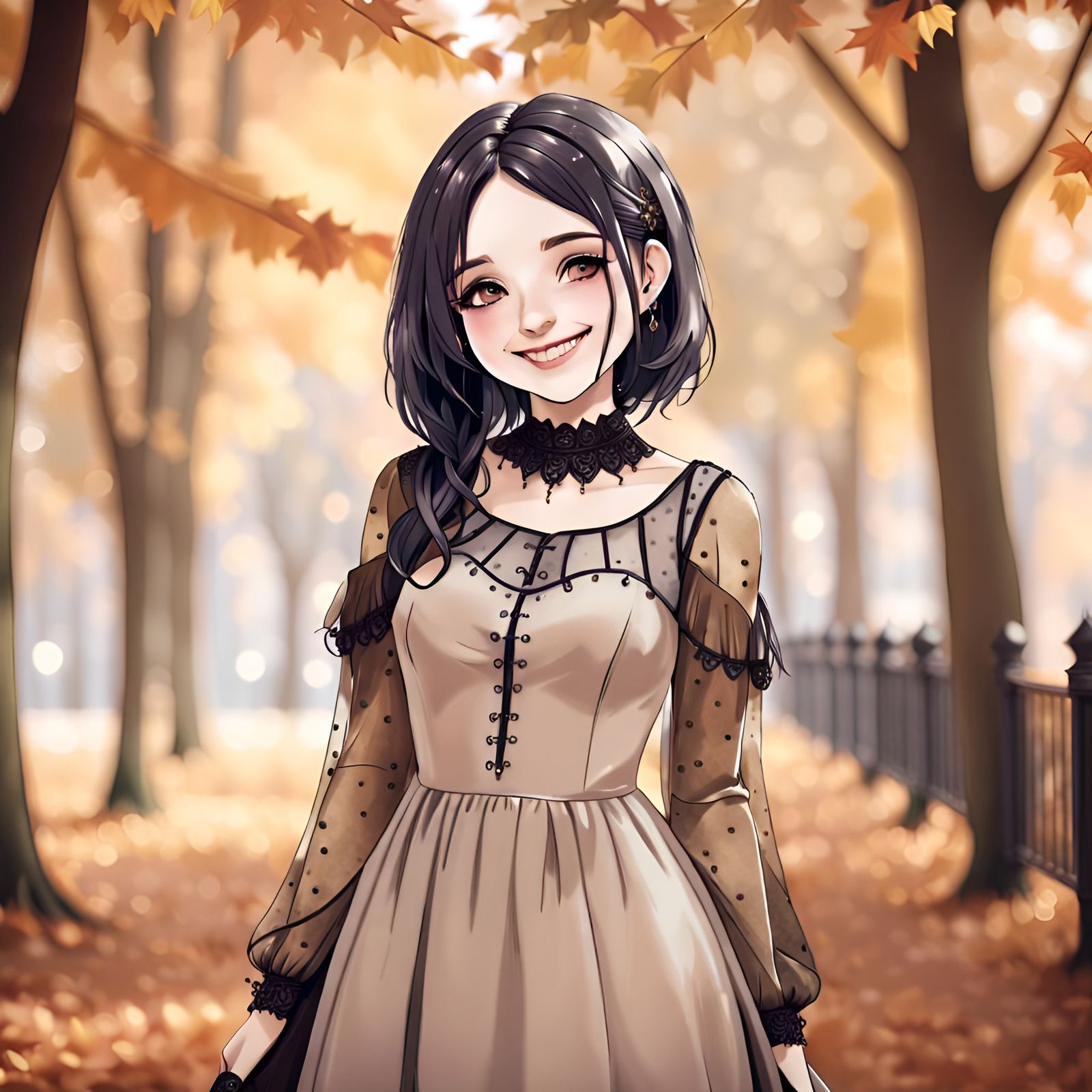 a (Stunning yougn women :1.2 ) with a ( gorgeous beige Goth dress:1.2 ) ( fall season backdrop :1.2 ) Bokeh ambiance she...