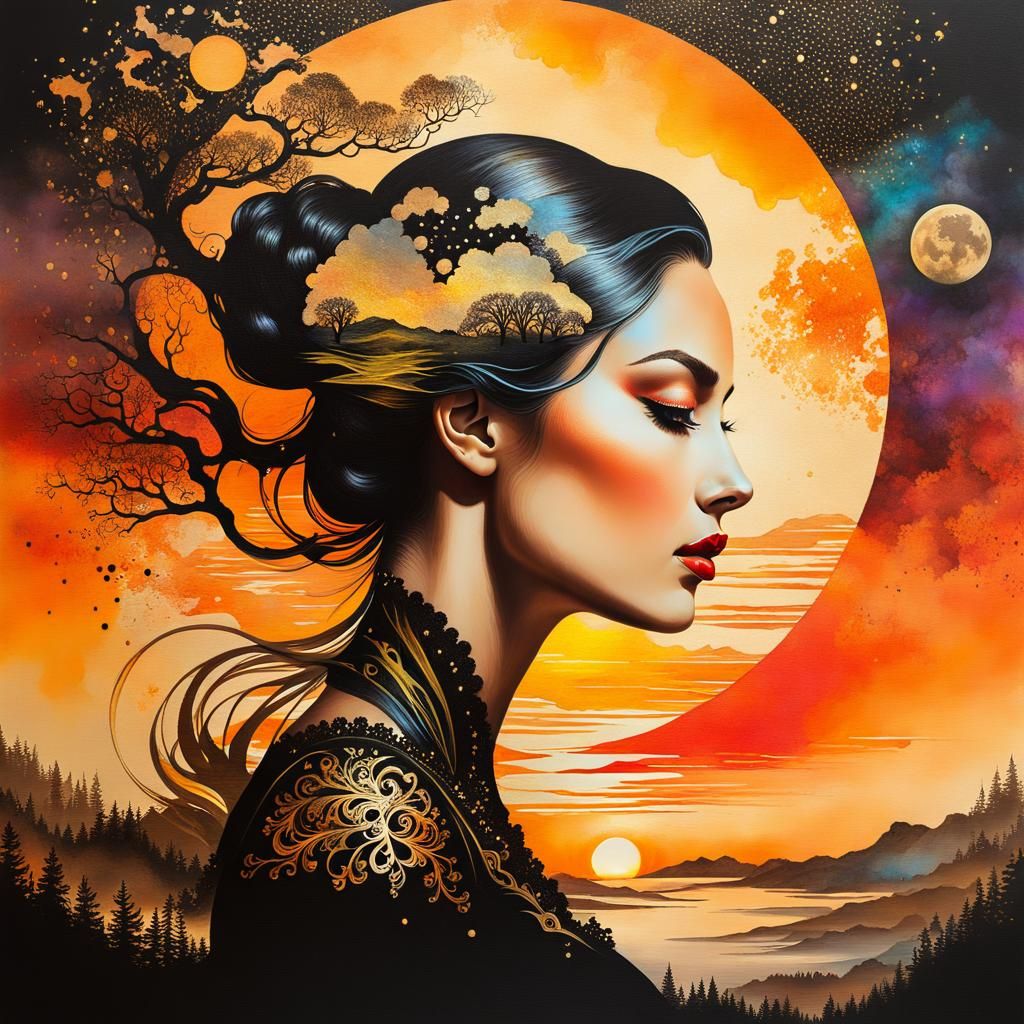 Double exposure, beautiful female, detailed sunset painting, surrealism mail art, detailed oil Rococo masterpiece, fairy...