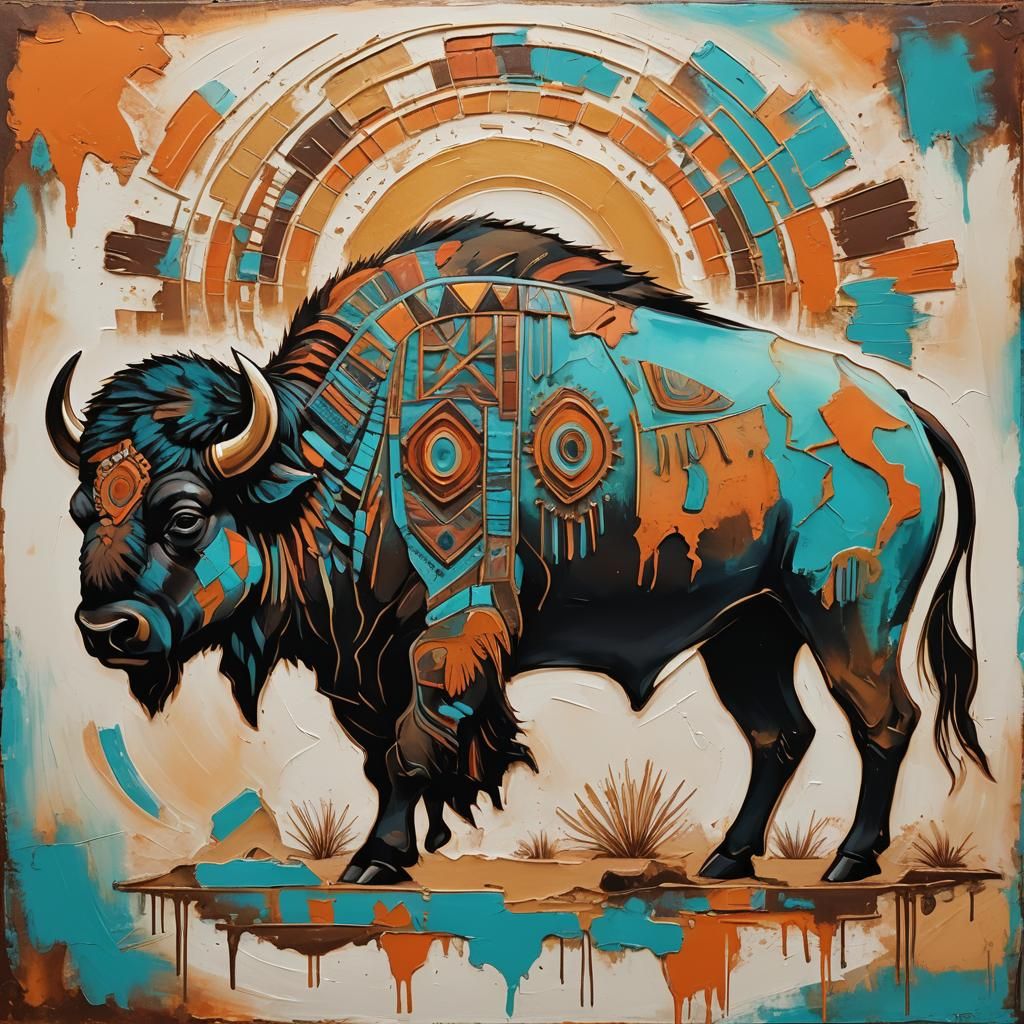 Buffalo Silhouette in Southwest Abstract Art Style
