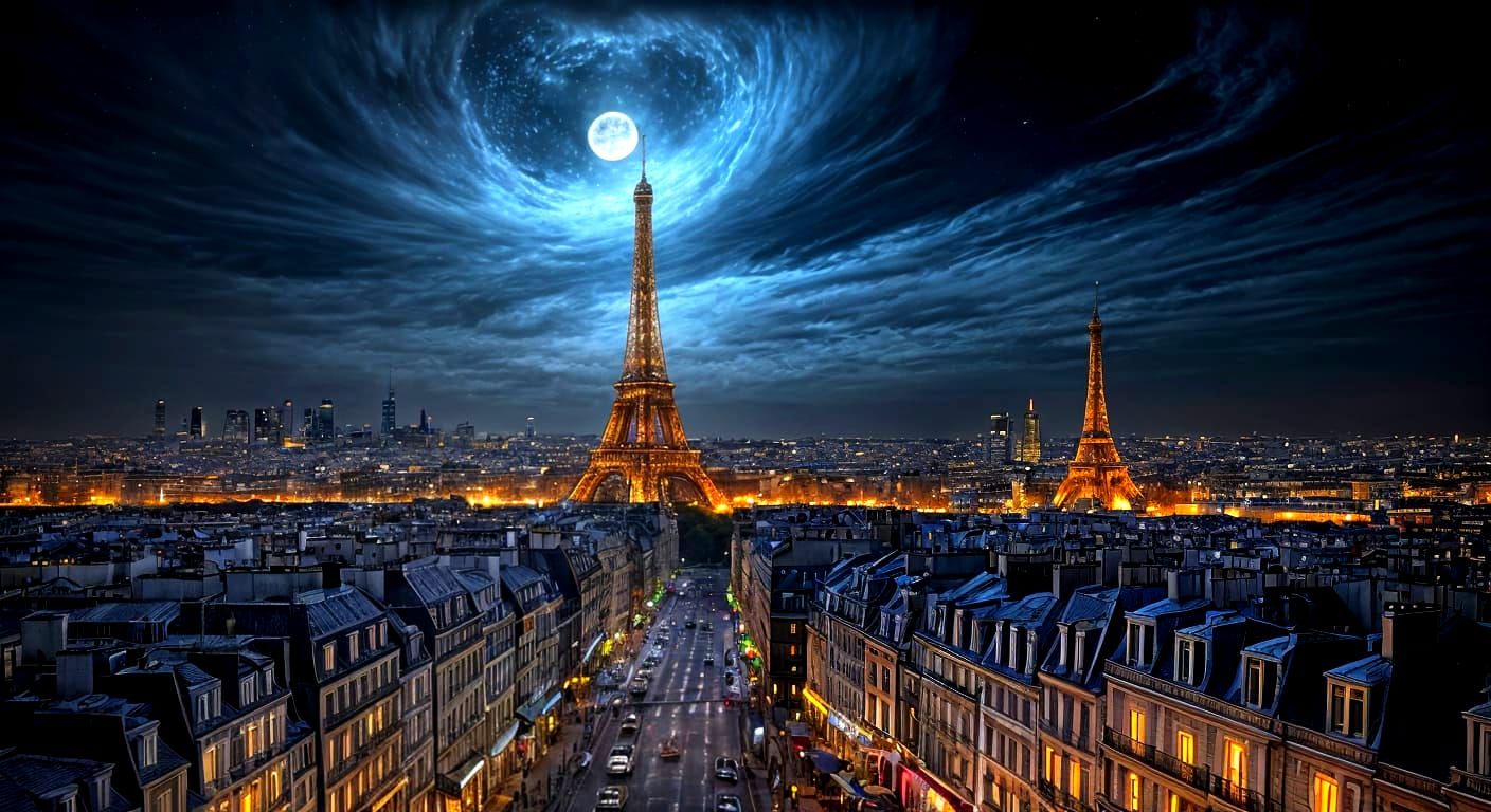 Night Parisian Street Scene with Eiffel Tower in Hyper-Detai...