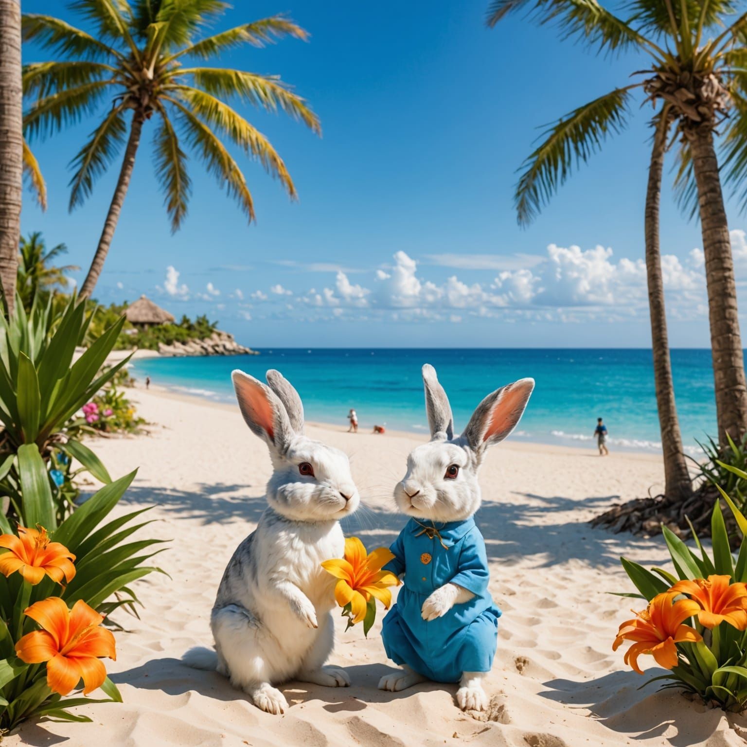 Alice and White Rabbit Relax on Tropical Beach