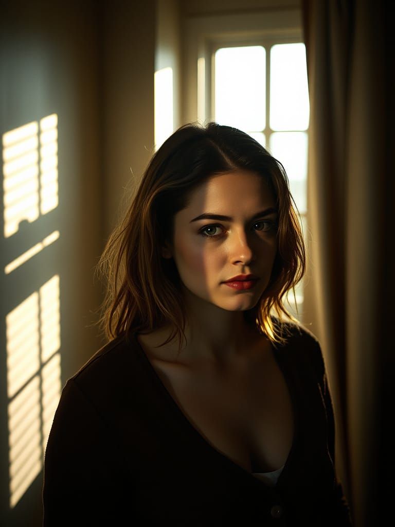 Brunette Woman in Sunlight: Cinematic Film Still