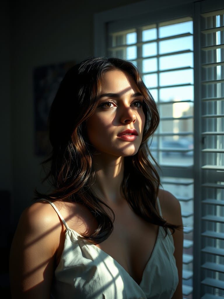Dramatic Portrait of Woman in Sunlight, Film Style