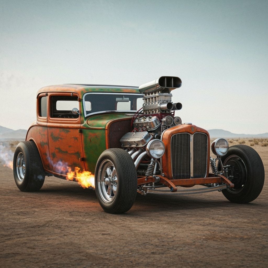 Vintage Rat Rod Roaring Through Desert Landscape