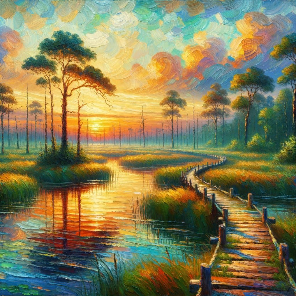 Marsh Boardwalk at Sunset: Post-Impressionistic Style