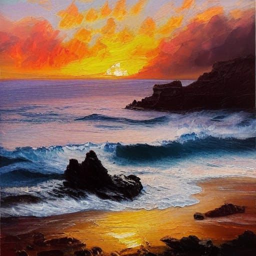 Impressionist Oil Painting of Dramatic Sunset Over Ocean