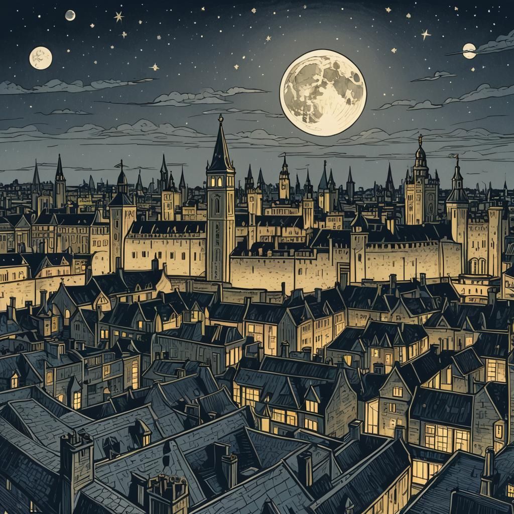 London Rooftop at Night: Digital Illustration